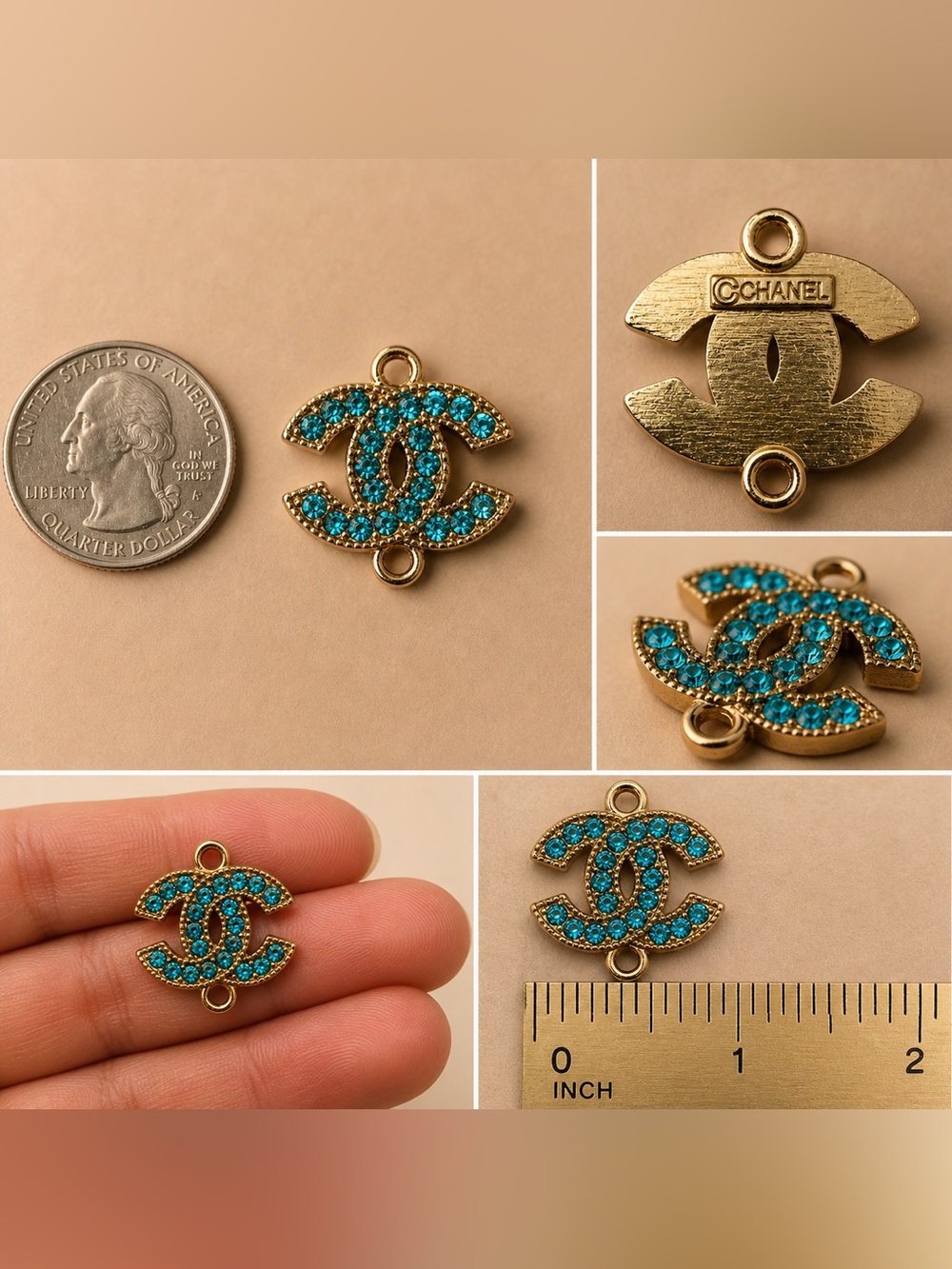 Authentic CC Blue Rhinestone Gold Charm Pendant Designer Upcycle Jewelry